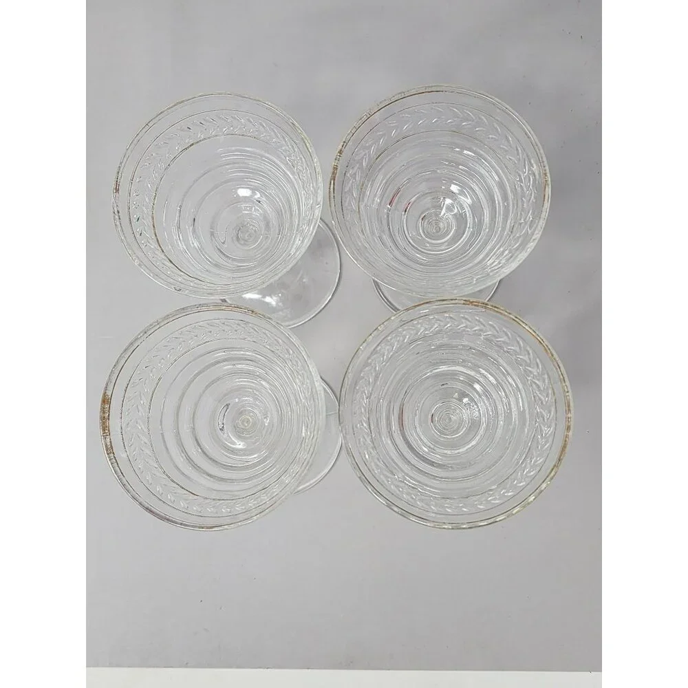 Set Of 4 Vintage Clear Glass Goblets With Gold Trim & Textured‎ Leaf Design